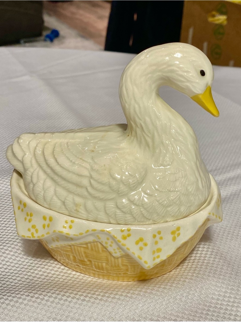 White Ceramic Duck Dish with Yellow Accent